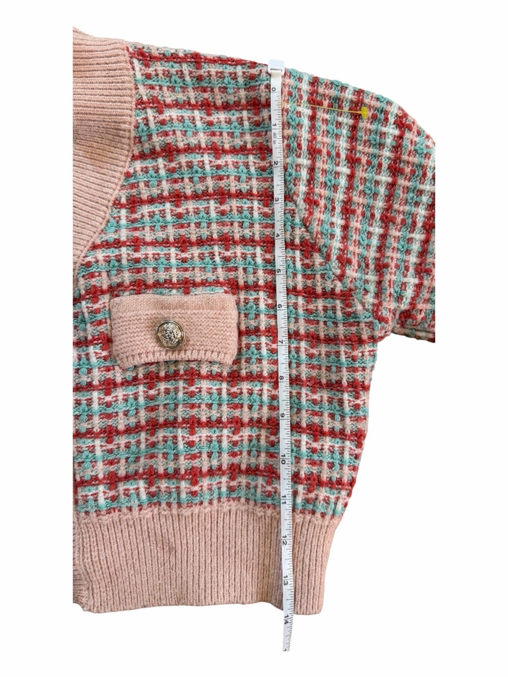 Cropped Pink Plaid Knit Cardigan with Decorative Buttons - Picture 5 of 9